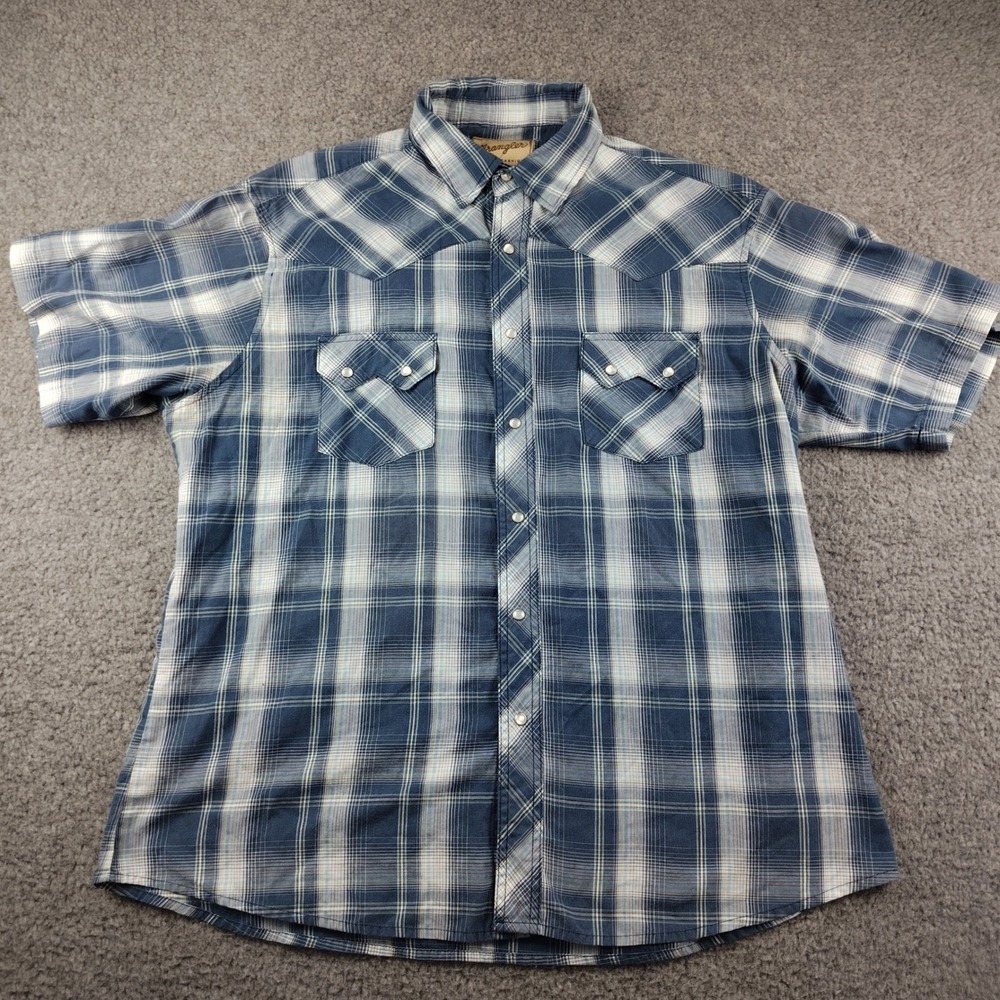 Wrangler Pearl Snap Shirt Mens XL Blue Plaid Short Sleeve Western Rodeo Cowboy